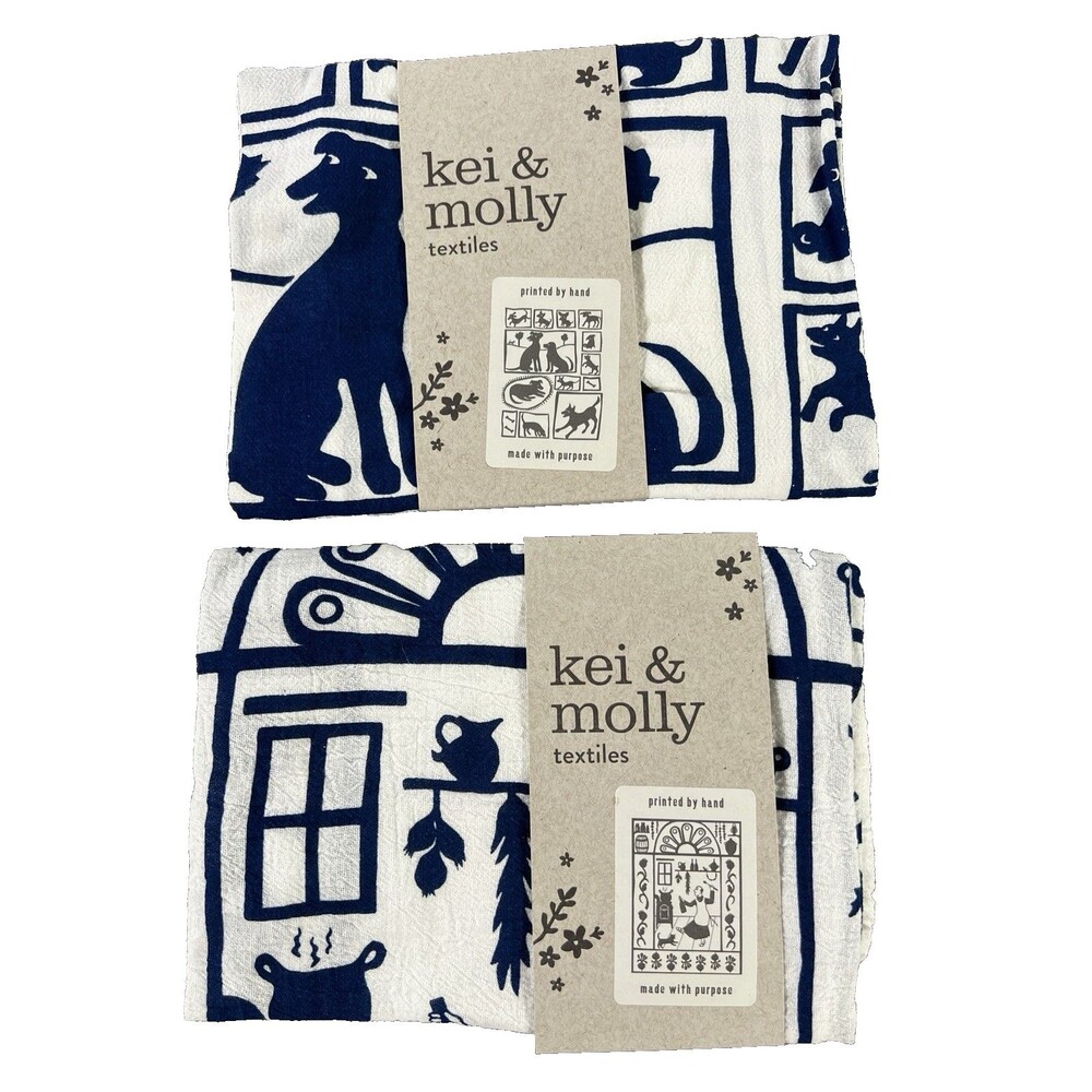 Kei & Molly Dog & San Pasqual White & Blue Dish Towels Lot of 2 NWT  vibrant ink